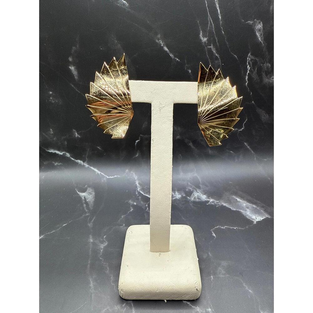 Vintage Givenchy Half Fan Shaped Clipped-on Earrings Gold Tone 2in